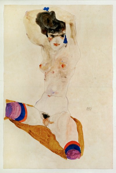 座っている裸の女の子の頭上に...（水彩、鉛筆） 作： エゴンシーレ
