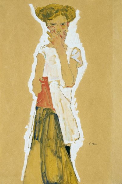 白いペチコートで立っている女の子 作： Egon Schiele