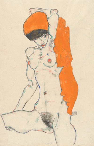 オレンジの飾り布が付いたスタンディングヌード、1914年（紙、トイレ、ガッシュ、グラファイト） 作： Egon Schiele