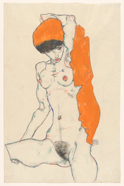 オレンジカーテン付きの立ちヌード、1914年。 作： Egon Schiele