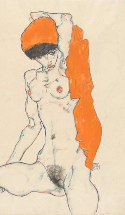 オレンジのカーテンで立っているヌード直訳：腕を上げたヌードの研究、1914年。 作： Egon Schiele