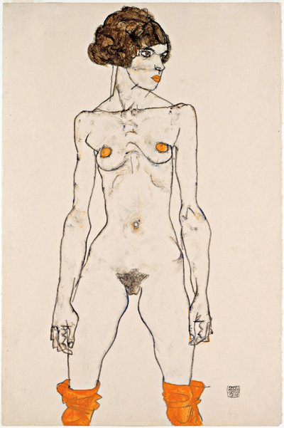 オレンジ色のストッキングで立っている若い女性のヌード 作： Egon Schiele