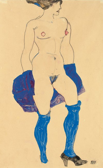 1913年に靴とストッキングで立っている女性 作： Egon Schiele