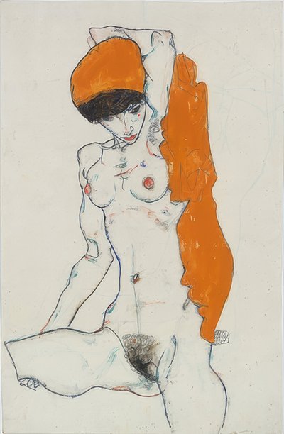 オレンジ色の布で立って行動する。 1914 作： Egon Schiele