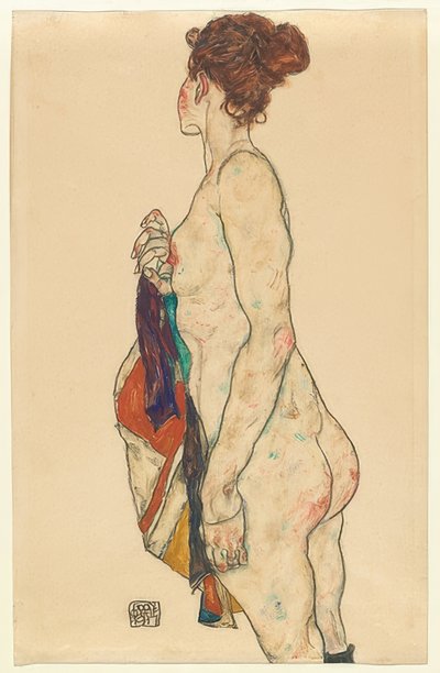 柄物を着た立ちヌード。 1917 作： Egon Schiele