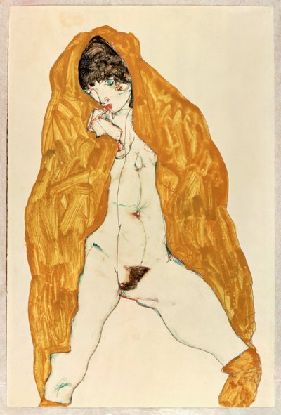 脚を広げ、黄褐色のショールを羽織ったヌード立ち 作： Egon Schiele