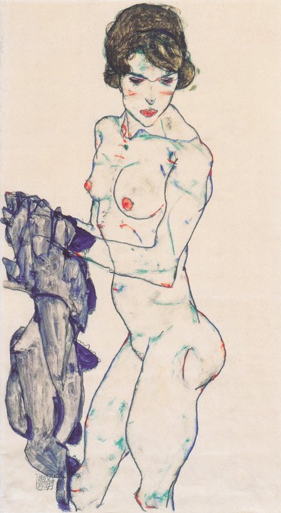 青い布で立っている女性のヌード 作： Egon Schiele