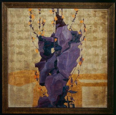 装飾的な背景にスタイリッシュな花...（ブロンズ） 作： Egon Schiele