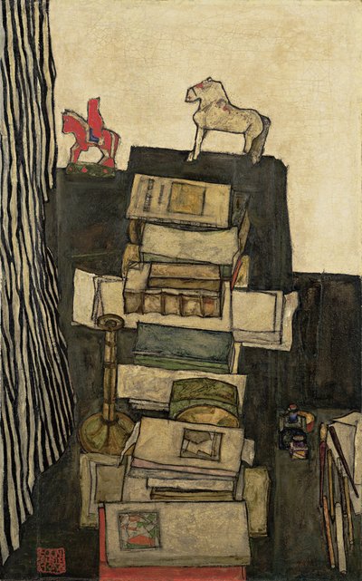 書籍のある静物Schieles Desk、1914 作： Egon Schiele