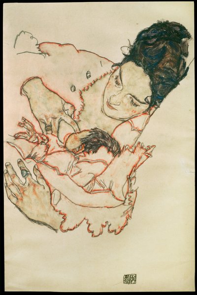 Stillende Mutter - ナーシング・マザー... (水彩、黒クレヨン) 作： Egon Schiele
