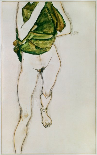 緑のシャツを着た胴体（グワッシュ、水彩、鉛筆） 作： Egon Schiele