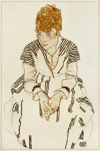 縞模様のドレスを着た画家の義姉、着席 作： Egon Schiele
