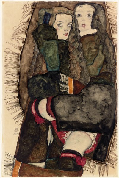 フリンジブランケットの2人の女の子。フリンジ毛布を着た2人の女の子、1911 作： Egon Schiele