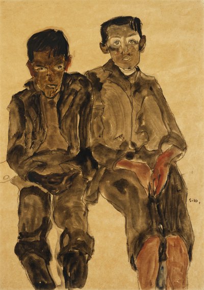 2人の着席の男の子。二人の男の子、1910 作： Egon Schiele