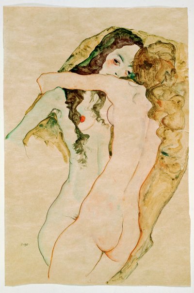 抱き合う二人の女性 （水彩、鉛筆） 作： Egon Schiele