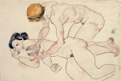 2つの女性のヌード、リクライニングとひざまずく 作： Egon Schiele