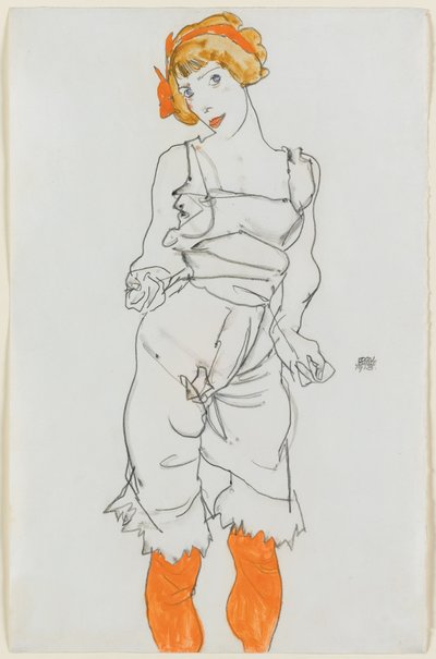 ランジェリーとストッキングの女性 作： Egon Schiele