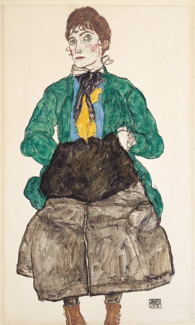 1915年にマフとグリーンのブラウスを着た女性 作： Egon Schiele