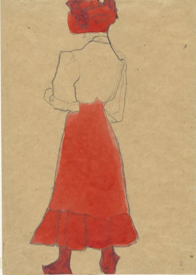 赤いスカートの女性、c。 1909年。 作： Egon Schiele