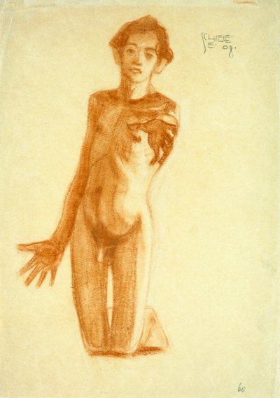 ひざまずく若者、1908年 作： Egon Schiele