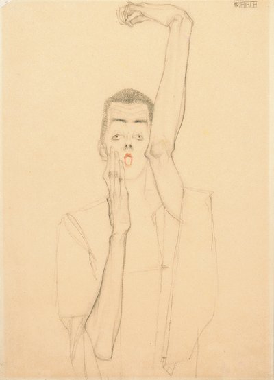 腕を上げ、口を赤くした若者。左腕を上げて赤い口をした自画像、1909 作： Egon Schiele