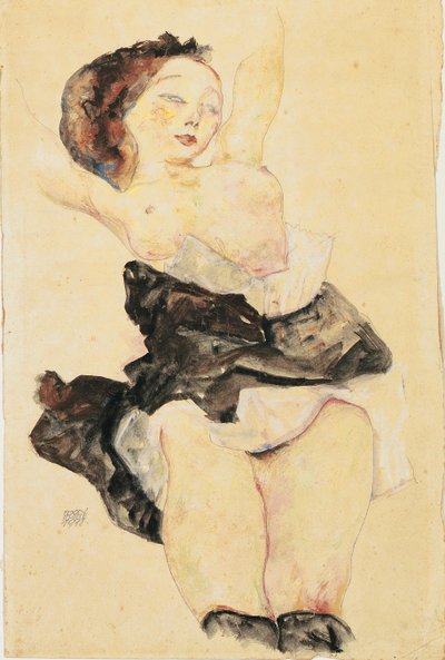 若い女の子、リクライニング、ハーフヌード、1912 作： Egon Schiele