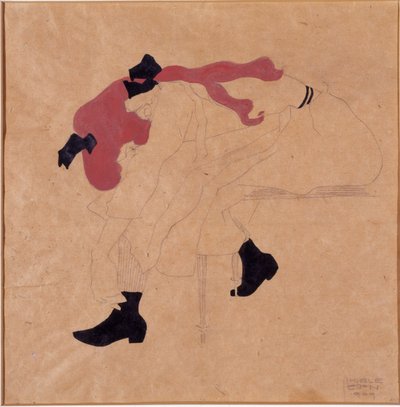 赤い髪の黒いリボンを持つ少女、彼女の靴を履く、1909 作： Egon Schiele