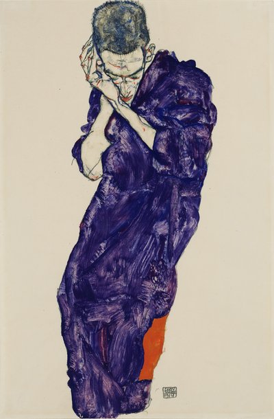 折り畳まれた手で紫色のカソックの若者、1914 作： Egon Schiele