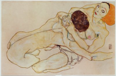 二人の少女 - 愛し合うカップル... (ガッシュと鉛筆) 作： Egon Schiele