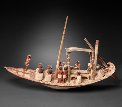 ミイラを輸送する帆船の模型、紀元前1900年〜1885年（木材、ペンキ） 作： Egyptian 12th Dynasty
