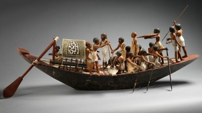 メケトレの墓から出土したスポーツボートの模型、紀元前1981～1975年頃（漆喰と塗装を施した木、麻、麻ひも、銅 作： Egyptian 12th Dynasty