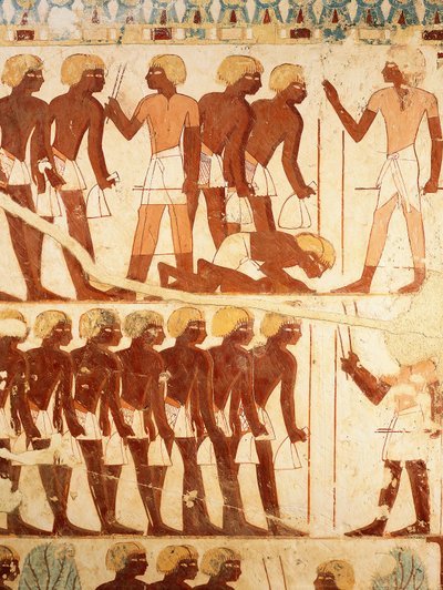 配給品を受け取る軍隊を描いたフレスコ画の詳細（「ユーザーハットの墓」より）（TT56 作： Egyptian 18th Dynasty