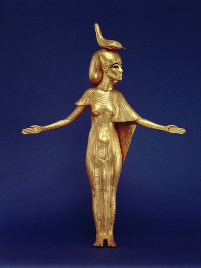 ツタンカーメンの墓（紀元前1370～1352年頃）から出土したカノポスの祠の女神セルケットの詳細（金メッキされた木）（228567も参照 作： Egyptian 18th Dynasty