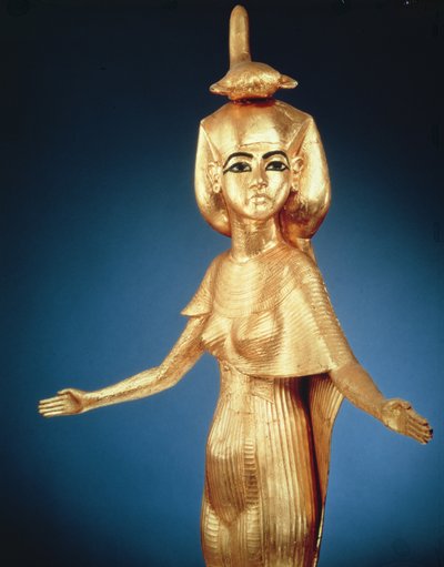 新王国時代、ツタンカーメンの墓から出土したカノポス神殿の女神セルケトの詳細（金メッキされた木材 作： Egyptian 18th Dynasty
