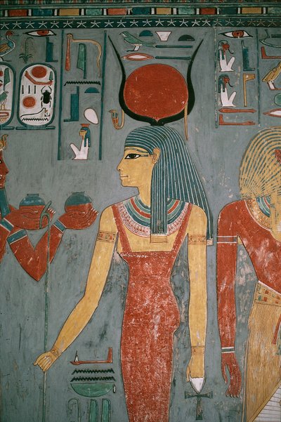 エジプト、古代テーベ、ルクソール、王家の谷、ホレムヘブの墓、女神イシスを描いた壁画、新王国時代、第18王朝時代 作： Egyptian 18th Dynasty