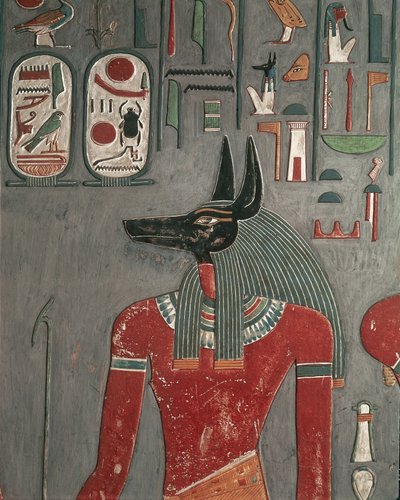 エジプト、古代テーベ、王家の谷、ホレメヘブの墓のアヌビスの壁画 作： Egyptian 18th Dynasty
