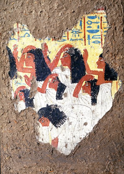 エジプトのアンティキテ：画家マイアの墓のフレスコ画、泣いているグループ。18王朝時代。新帝国ディム、デイル・エル・メディネ（エル・メディネ）、マイアの礼拝堂より。67 cm トリノ、エジプト博物館 作： Egyptian 18th Dynasty