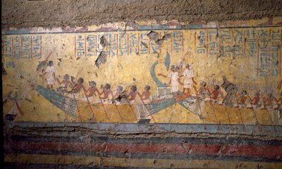 エジプトの古代美術：画家マイアの墓のフレスコ画、アビドスでの船による巡礼、オシリスの引用。第18王朝時代新帝国ディム、デイル・エル・メディネ(エル・メディネ)のマイアの礼拝堂より。67 cm トリノ、エジプト博物館 作： Egyptian 18th Dynasty