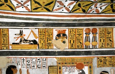 エジプトの古代：アヌビス、ハトホル、象形文字の表現。ロイの墓の絵 作： Egyptian 18th Dynasty