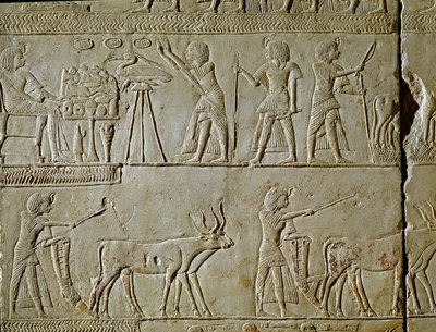 エジプトの古代遺跡：畑仕事やファラオへの捧げ物のシーン。ホレムヘド（紀元前1323-1293年頃）ツタンカーメンの王室書記官の墓から出土したレリーフの詳細。紀元前1354年から1326年。ボローニャ、シヴィコ・アルケオロジコ美術館 作： Egyptian 18th Dynasty
