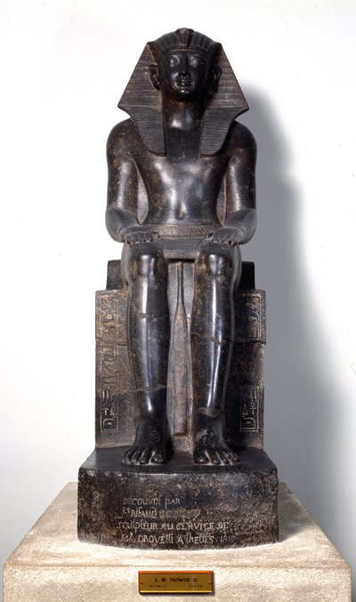 エジプトのアンティーク：エジプトのファラオ、トゥトモス3世（紀元前1504～1450年頃）を表すバサナイト製の彫刻。第18王朝時代。テーベ出身。トリノ、エジプト博物館 作： Egyptian 18th Dynasty