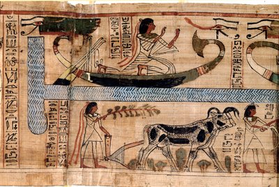 エジプトの古代遺物：故アナーの名前は、オシリスの船の上で、魂を耕したり量ったりする場面を表している。死者の書」のパピルス、20王朝、テーベ出土トリノ、エジプト博物館 - 古代エジプト：デセアの名前 作： Egyptian 18th Dynasty