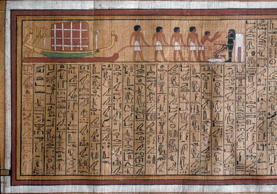 エジプトのアンティキテ：カタファルケの墓への運搬。パピルス。カの死者の書。第18王朝時代 作： Egyptian 18th Dynasty
