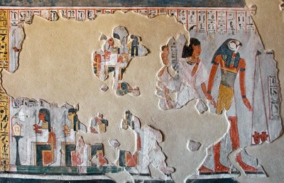 エジプトの古代性：ホルスがロイ夫妻をハートのペッセに導く。ロイの墓(TT255)のフレスコ画の断片。第18王朝時代。エジプト、ルクソールの西岸より 作： Egyptian 18th Dynasty