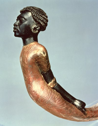 ツタンカーメンの墓からの儀式用の杖の端からのアフリカ人の図（c.1370-52 BC）New Kingdom（wood＆ebony）（149479も参照） 作： Egyptian 18th Dynasty