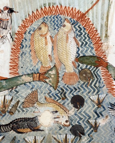 魚、沼地での狩猟と漁の場面の詳細、フレスコ画、テーバン人の墓TT69、シェイク・アブド・エル・クルナ、テーベ（ユネスコ世界遺産リスト 作： Egyptian 18th Dynasty