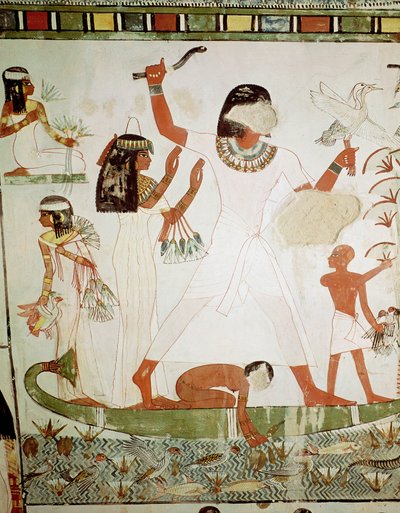 沼地での釣りと家禽、メナの墓礼拝堂、ニューヨークの詳細（壁画） 作： Egyptian 18th Dynasty