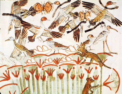 沼地での釣りと鳥の飼育、鳥の詳細、新王国、メナの墓礼拝堂（壁画） 作： Egyptian 18th Dynasty