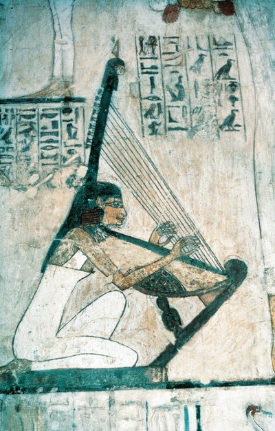 Afrescos retratando cena de banquete funerário, com harpista, do Novo Reino 作： Egyptian 18th Dynasty