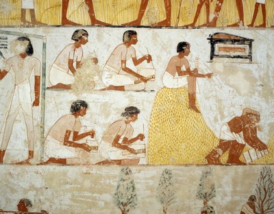 穀物の収穫、脱穀と唐箕、ルクソール、テーベのシェイク・アブド・エル・クルナ墓地、メンナの墓の前庭のフレスコ画の詳細（ユネスコ世界遺産 作： Egyptian 18th Dynasty